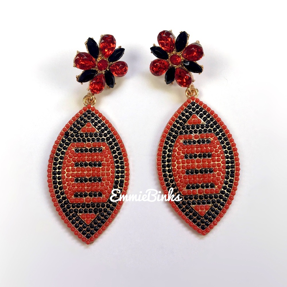 New Red & Black Rhinestone Football Drop Dangle Earrings